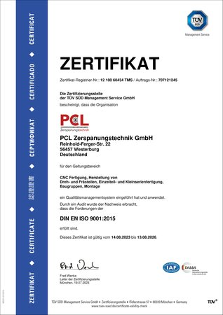 ISO 9001:2015 Zertifikat PCL Zerspanungstechnik