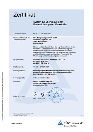 Zertifikat Umstempelberechtigung TÜV Rheinland